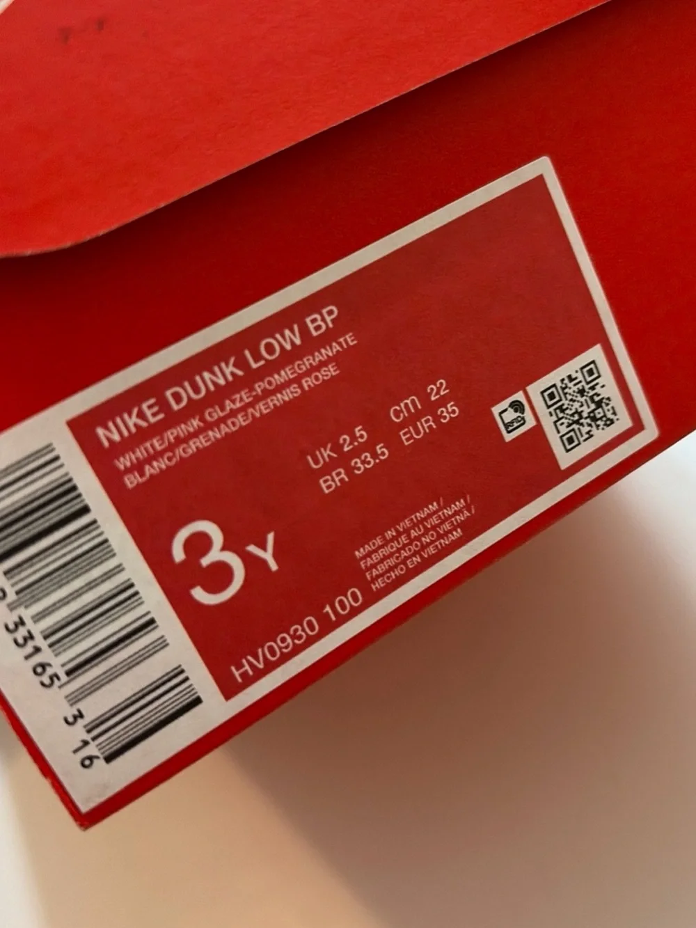 Nike HV0930-100 Dunk Low White Pomegranate (Pink) w/ Box - Size 3Y